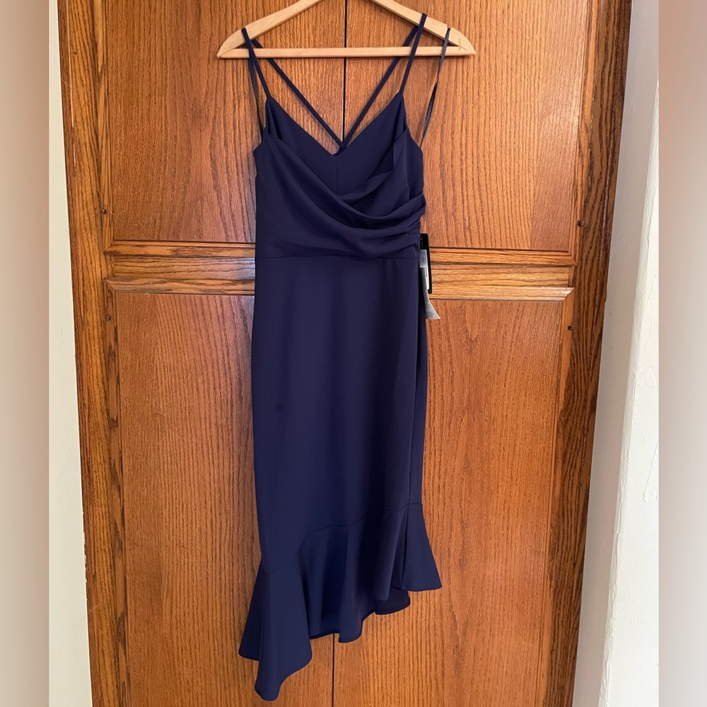Bebe Strappy Navy Asymmetrical Midi Dress